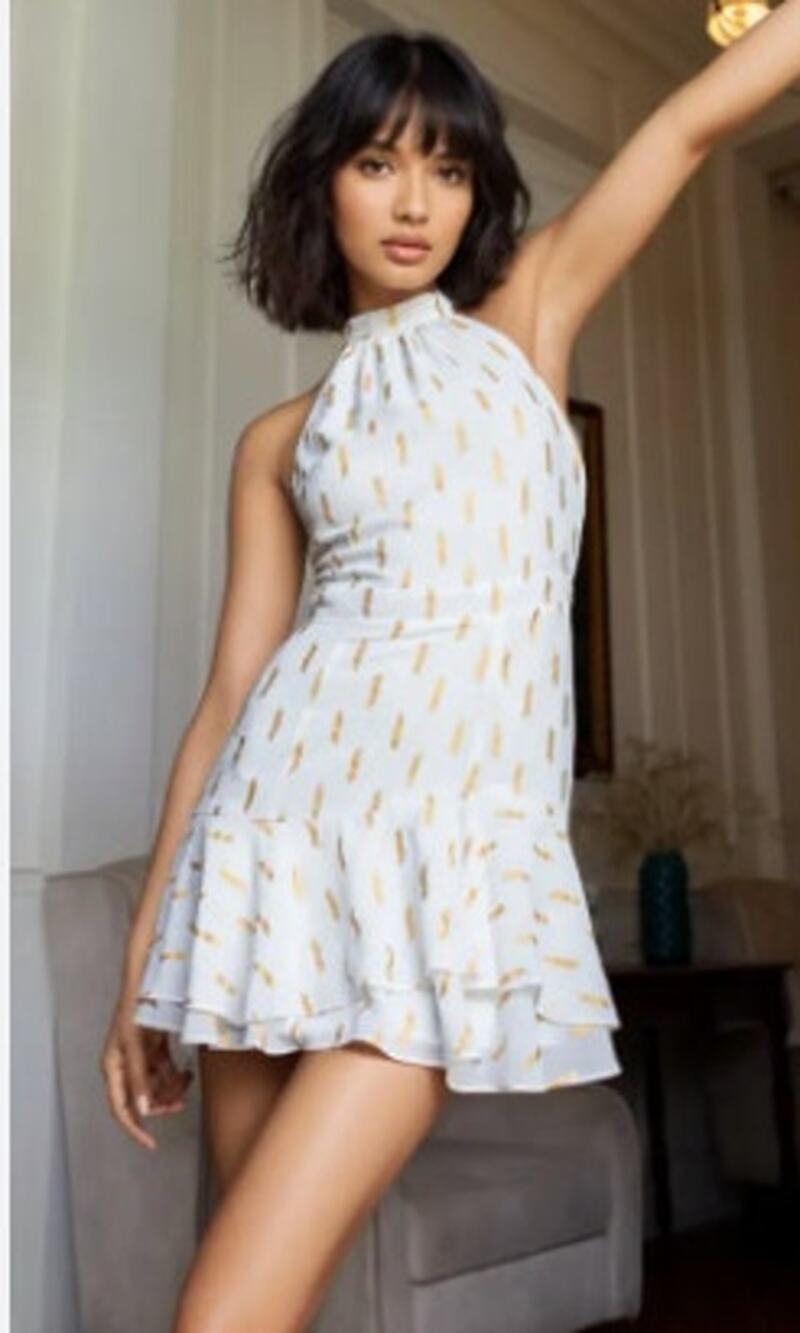 Yumi Kim Ginny Dash Foil Ivory & Gold Halter Neck Mini Dress Size S